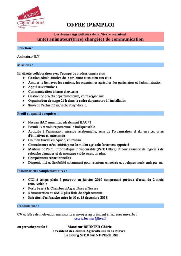 Offre d'emploi, fiche de poste 2018 v2  Les jeunes agriculteurs BFC